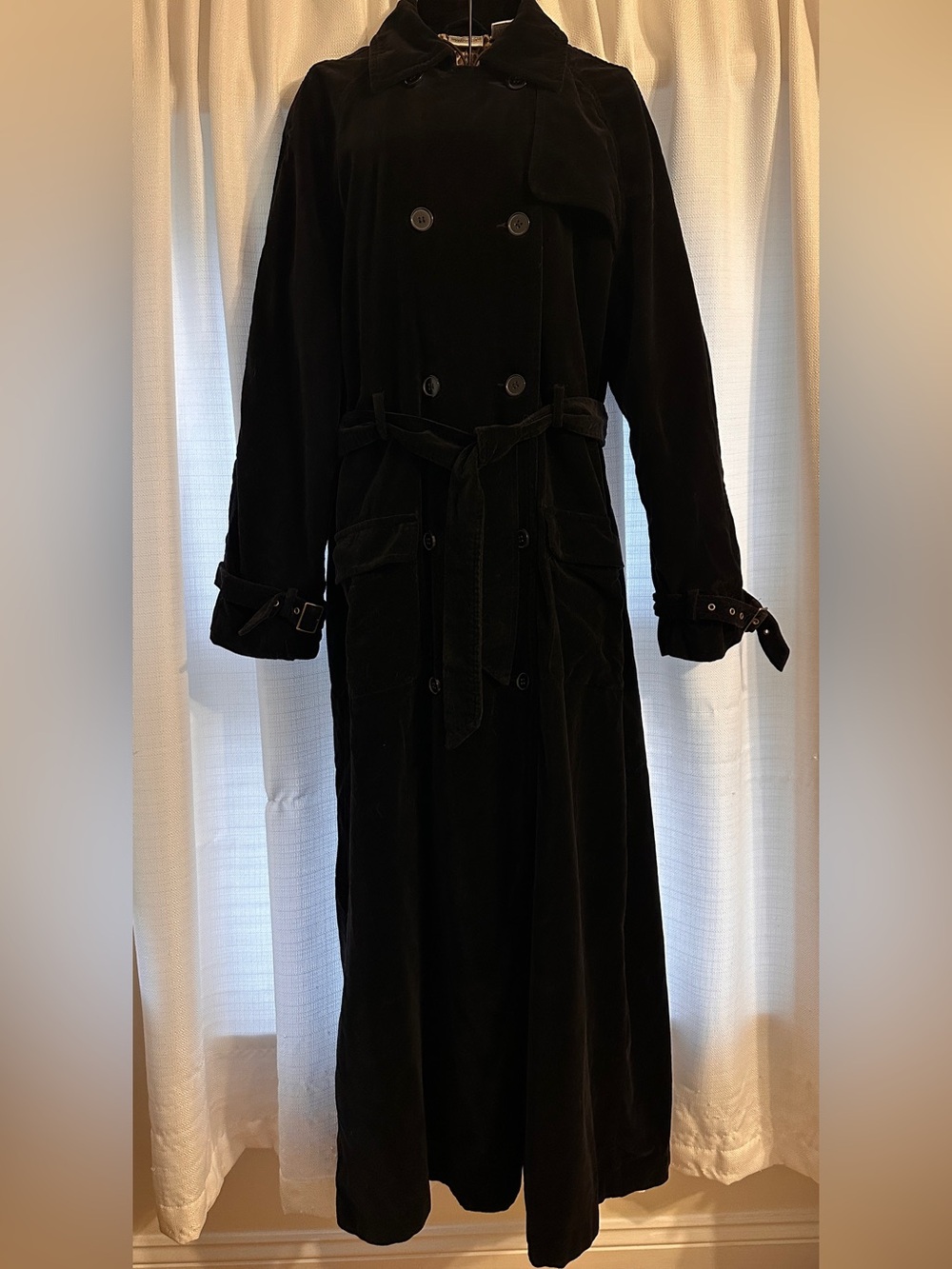 VINTAGE 90s Y2K Newport News Black Velvet Leopard Print Lined Trench Coat Maxi - Picture 3 of 10
